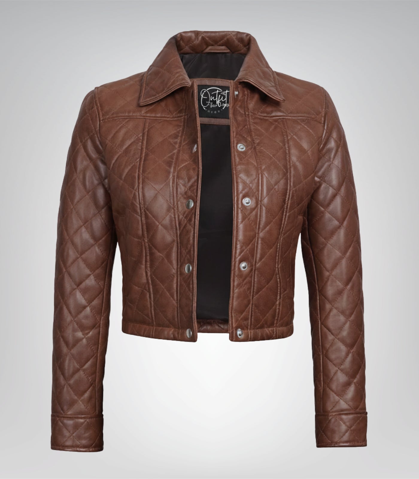 Cognac real leather cropped jacket for women with quilted detailing