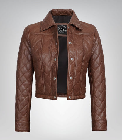 Cognac real leather cropped jacket for women with quilted detailing