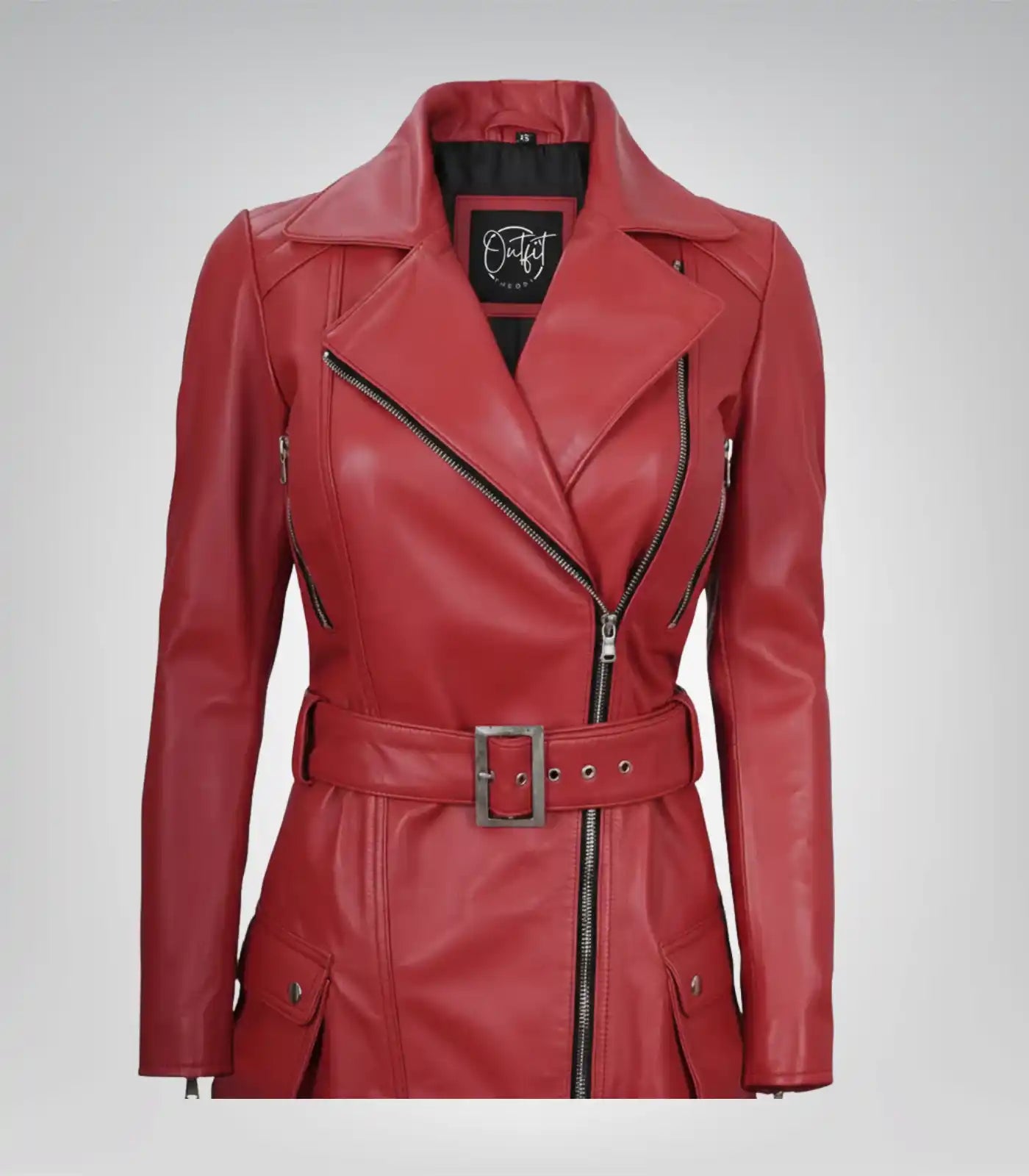 Red real leather moto jacket for women featuring belt detail