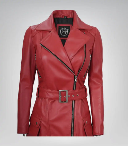 Red real leather moto jacket for women featuring belt detail