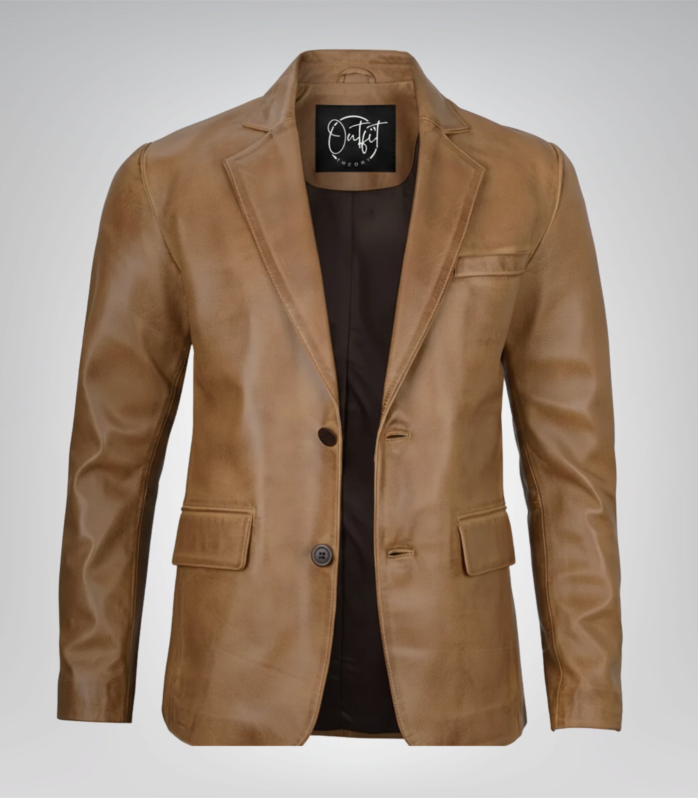 Camel brown real leather two-button blazer jacket for men