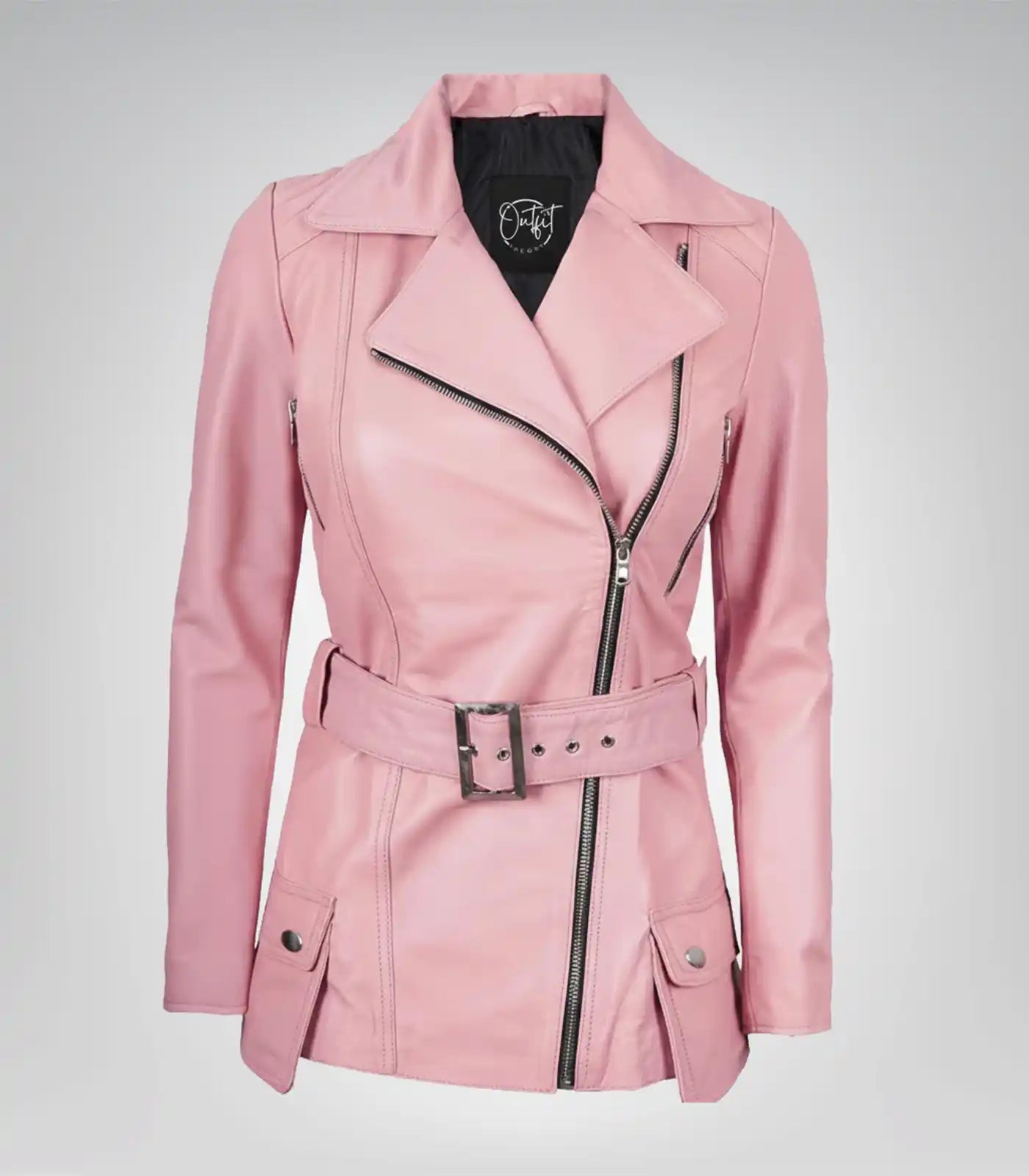 Pink real leather long motorcycle jacket for women with belt
