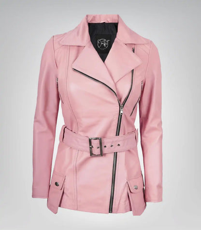Pink real leather long motorcycle jacket for women with belt