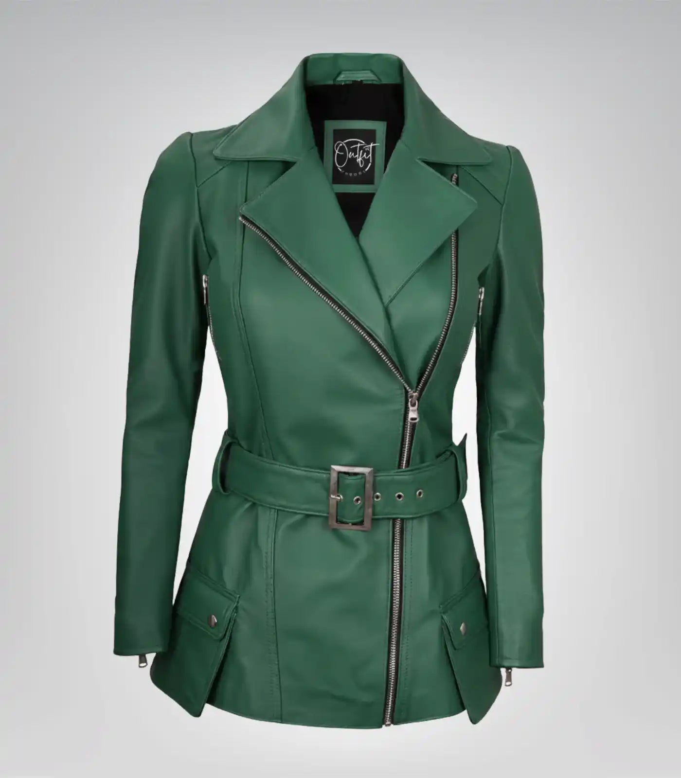 Green real leather motorcycle jacket for women with belt