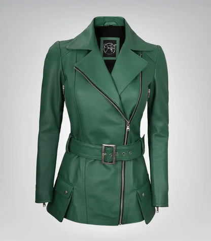 Green real leather motorcycle jacket for women with belt