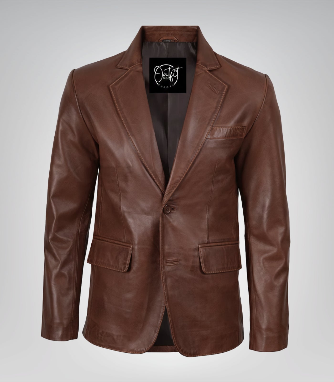 Cognac real leather two-button waxed blazer for men
