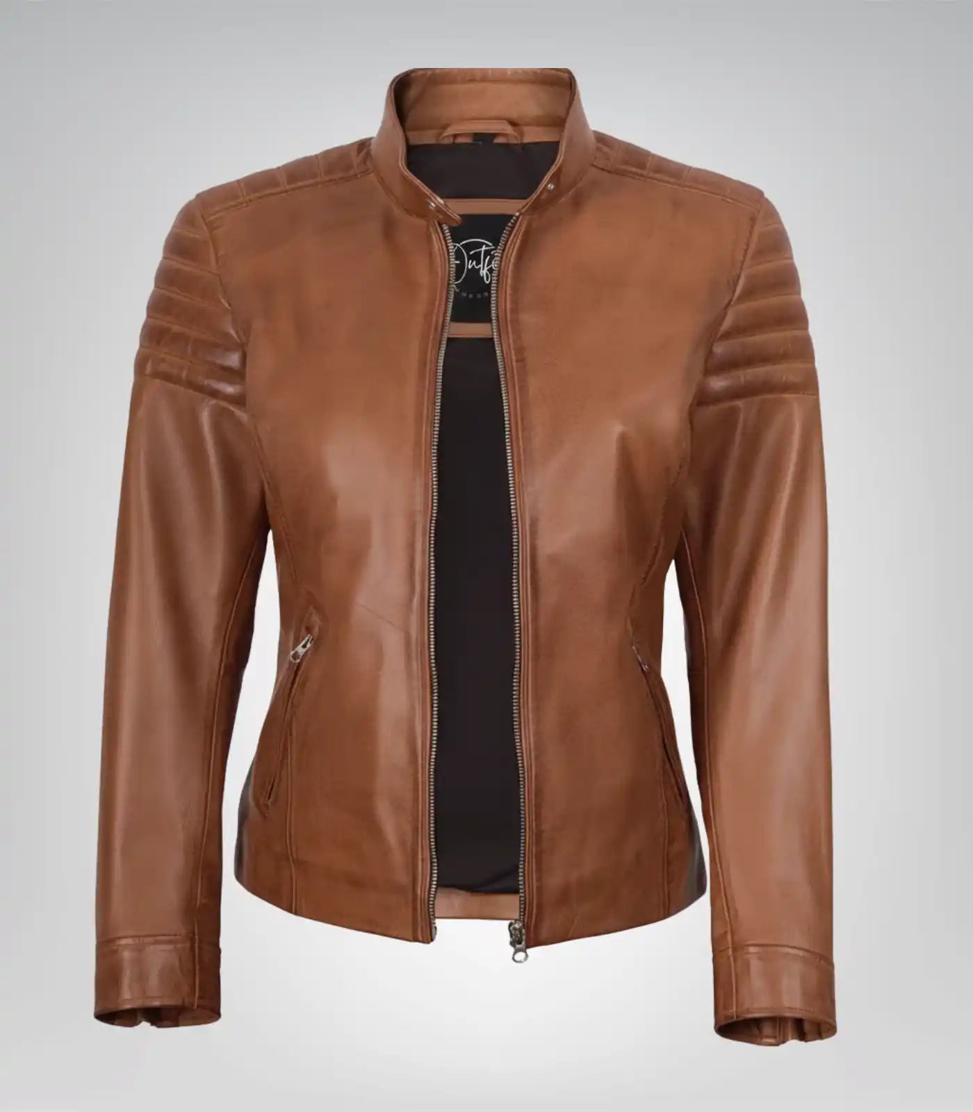 Tan lambskin leather motorcycle-style jacket for women