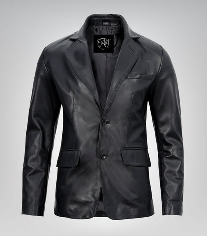 Men’s Two-Button Black Leather Blazer with Notch Lapel
