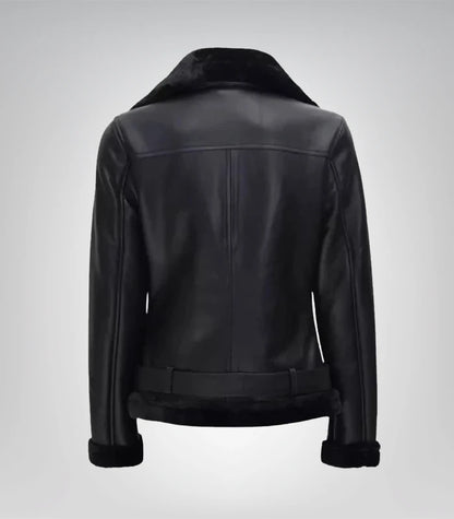 Classic women’s black shearling biker jacket – genuine leather design