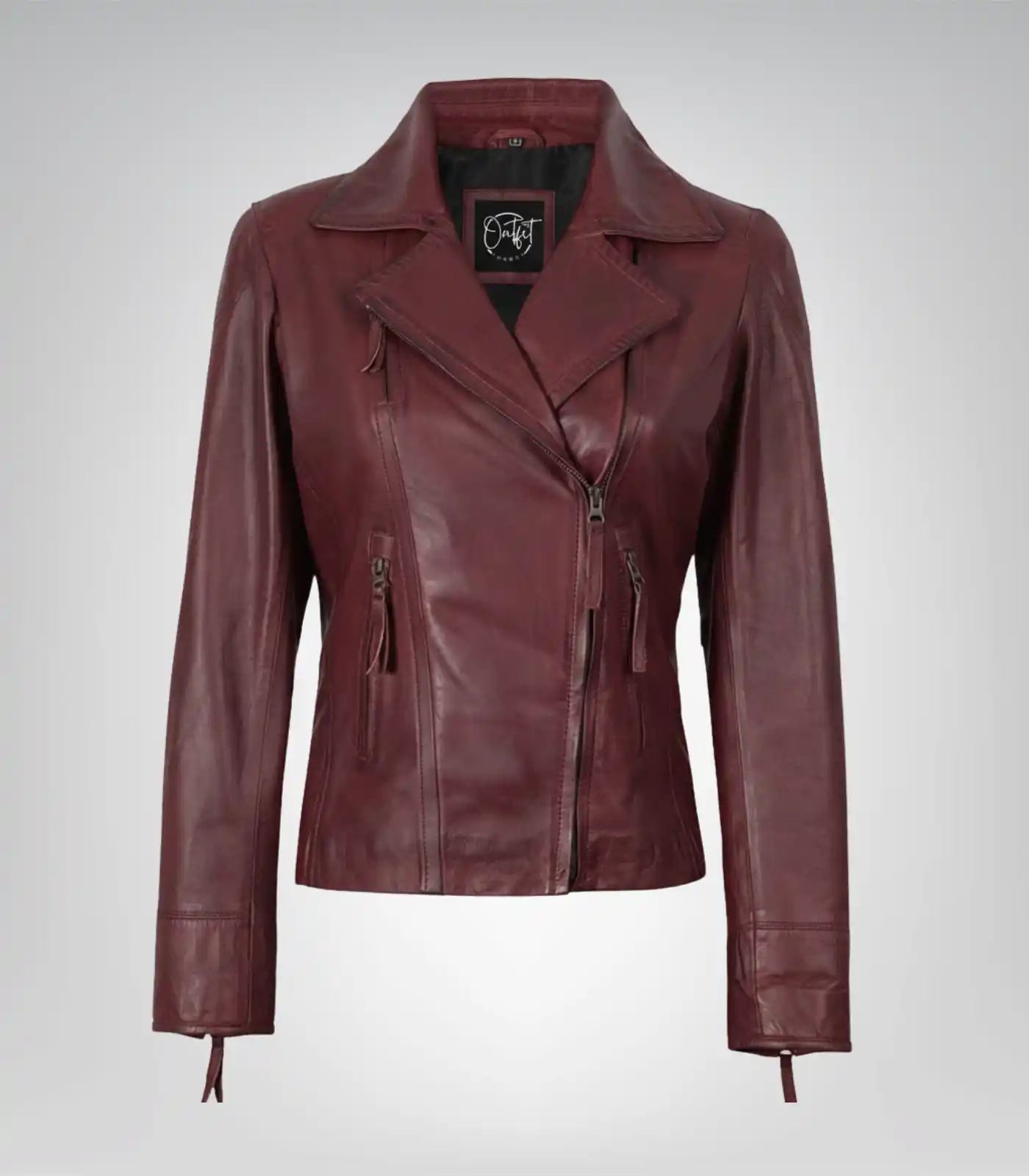 Burgundy lambskin leather motorcycle-style jacket for women