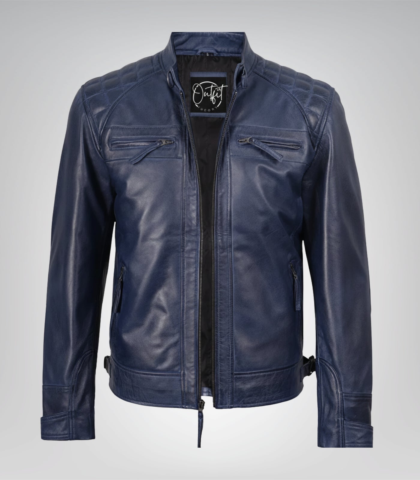 Men’s Blue Waxed Leather Biker Jacket with Quilted Shoulders
