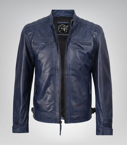 Men’s Blue Waxed Leather Biker Jacket with Quilted Shoulders