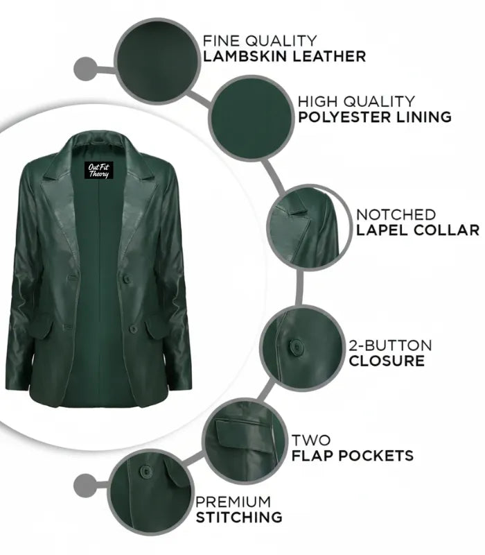 Women’s Classic Green Lambskin Leather Blazer Jacket – Elegant Everyday Style