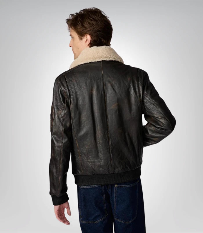 Men's leather aviator bomber jacket – brown with fur lined hood