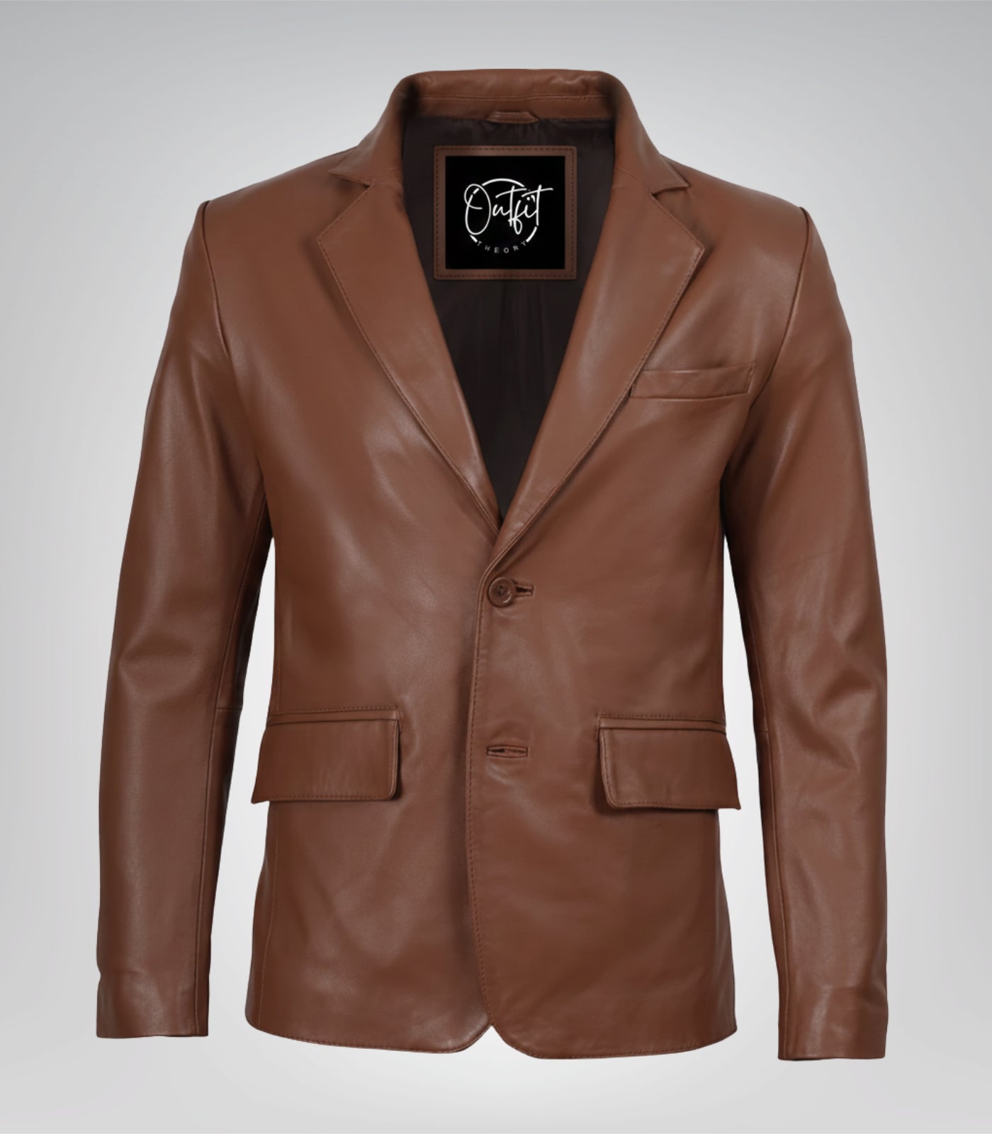 Cognac real leather two-button blazer for men with notch lapel