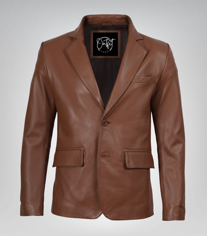 Cognac real leather two-button blazer for men with notch lapel