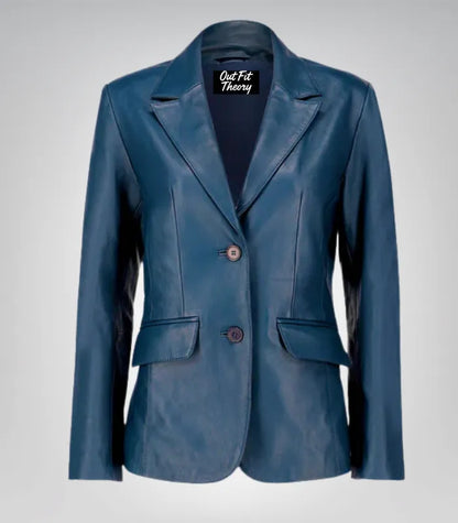 Women’s classic blue lambskin leather blazer jacket – elegant everyday look