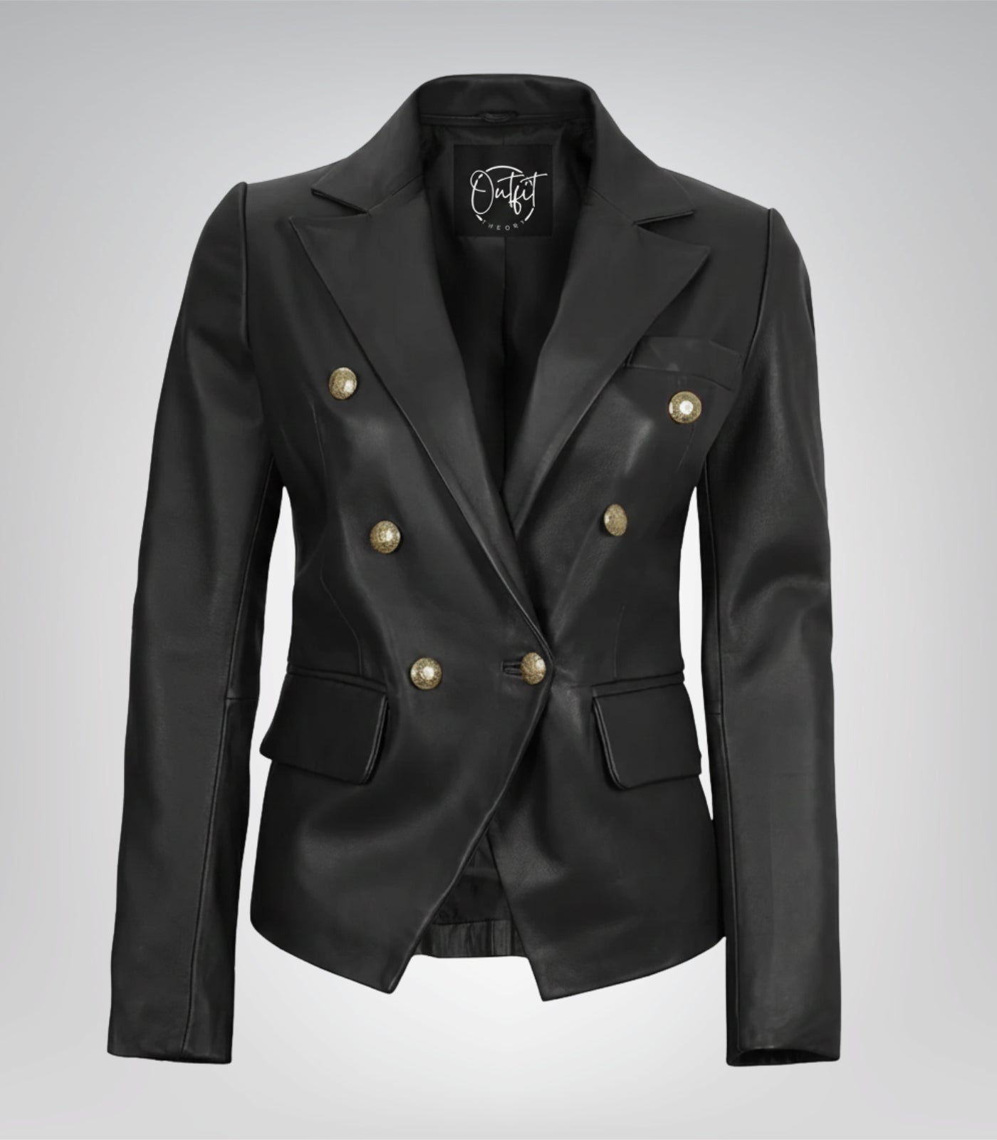 Black real leather double-breasted blazer for women by Kim