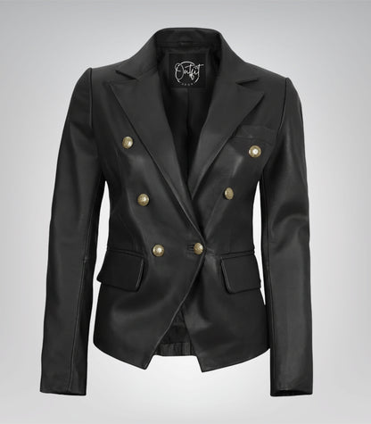 Black real leather double-breasted blazer for women by Kim