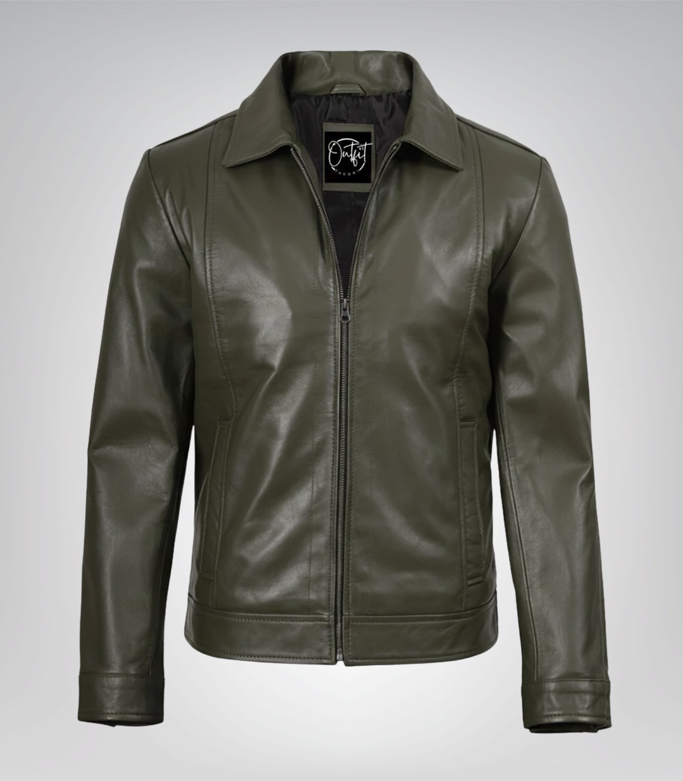 Men’s Olive Green Leather Jacket with Classic Shirt Collar