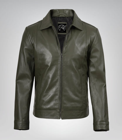 Men’s Olive Green Leather Jacket with Classic Shirt Collar