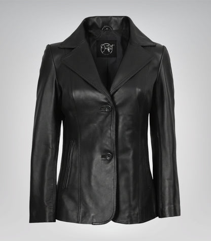 Black real leather two-button blazer for women