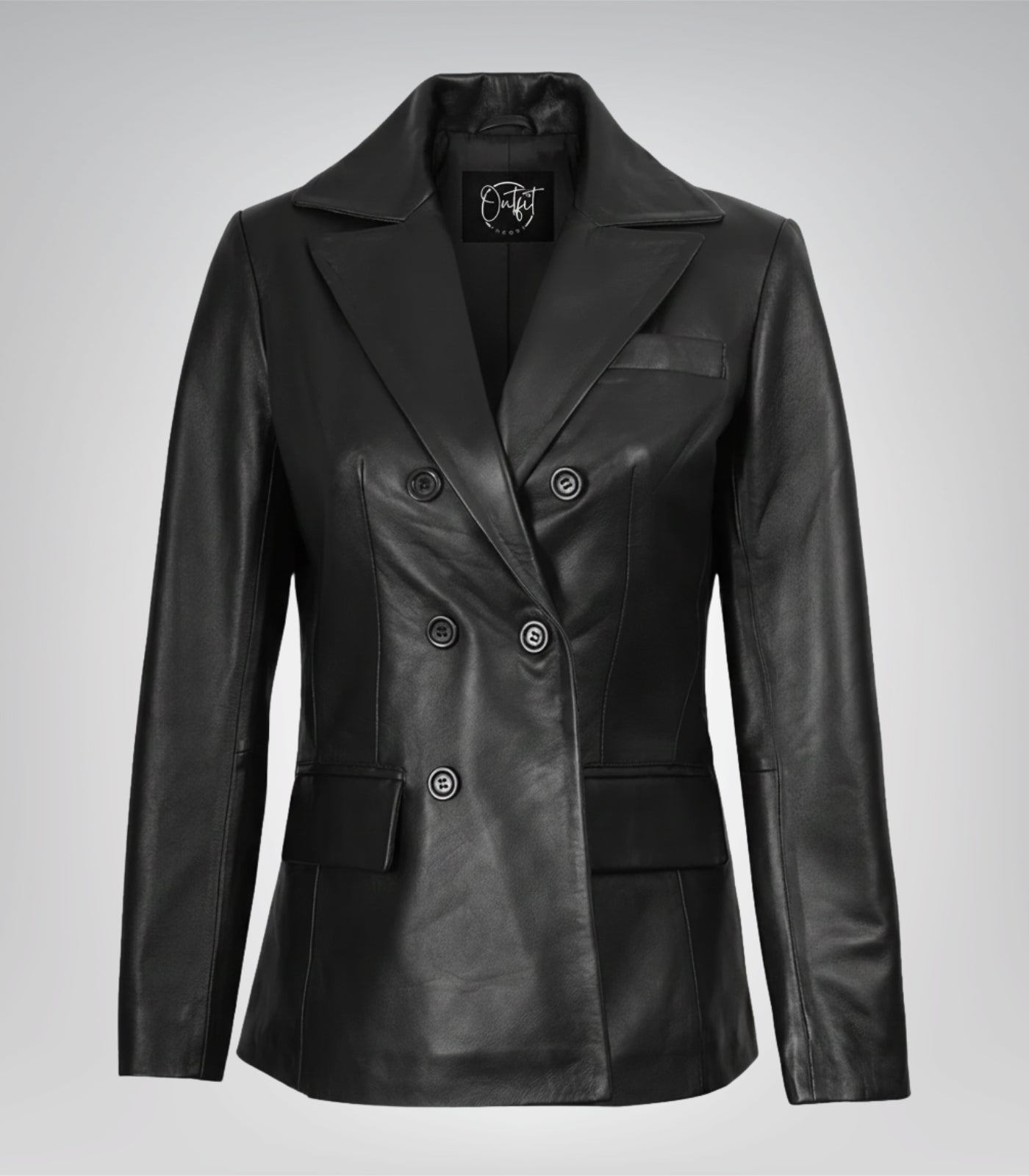 Black real leather double-breasted coat for women