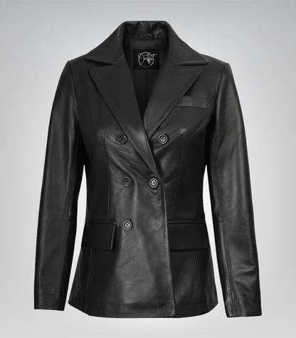Black real leather double-breasted coat for women