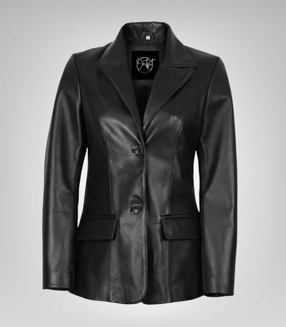 Women’s Black Leather Blazer – Classic Two-Button Genuine Lambskin Jacket