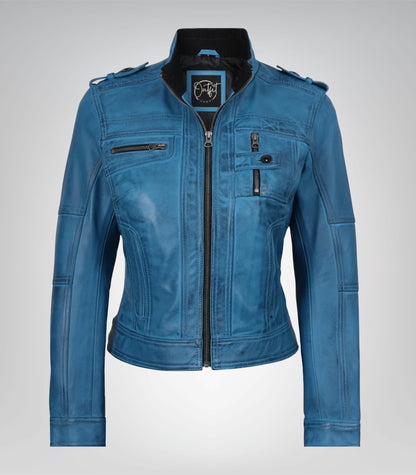 Women’s Premium Blue Leather Biker Jacket Waxed Lambskin