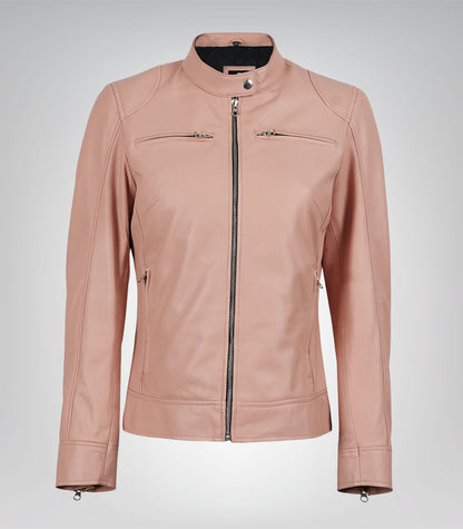 Premium light pink moto leather jacket for women