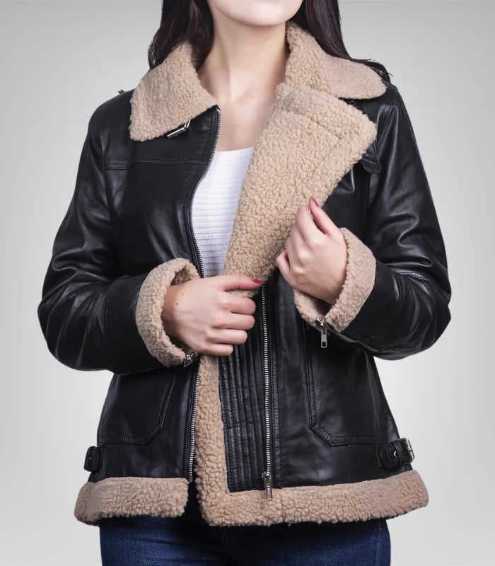 Premium black leather bomber jacket for women with shearling lining