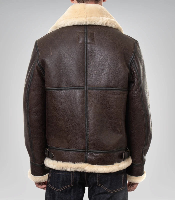 Classic men’s brown leather jacket with shearling lining