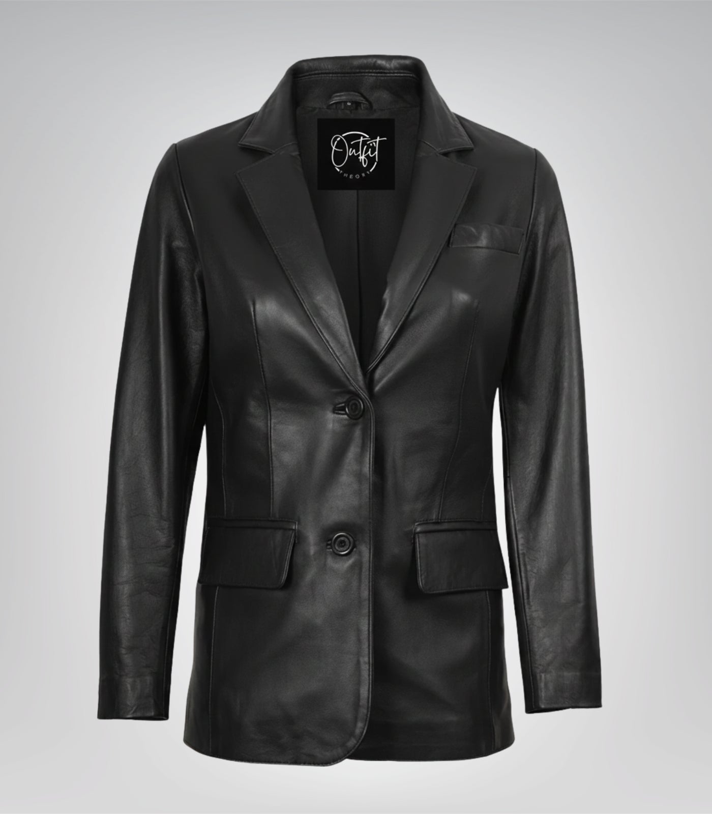 Black real leather two-button blazer for women