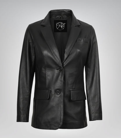 Black real leather two-button blazer for women