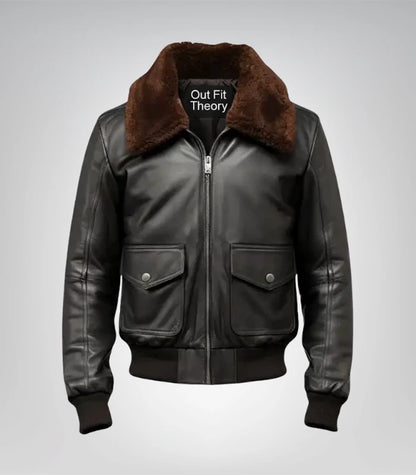 Premium black leather bomber jacket for men with shearling lining