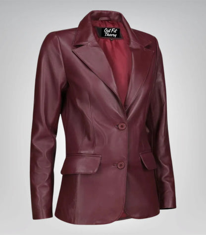 Women’s Classic Burgundy Lambskin Leather Blazer Jacket – Elegant Everyday Style