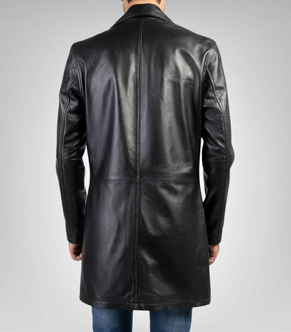 Classic Black Leather Overcoat for Men – Long Real Leather Trench Style