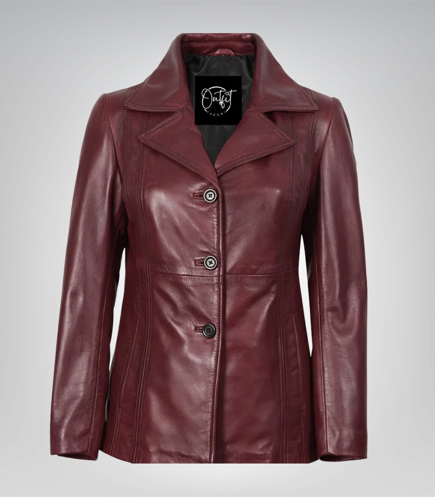 Burgundy real leather three-button blazer for women