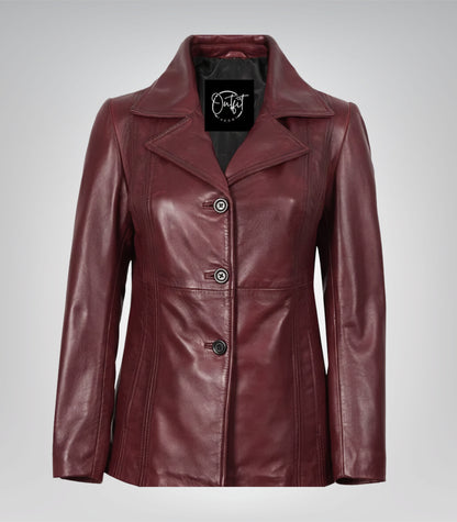 Burgundy real leather three-button blazer for women