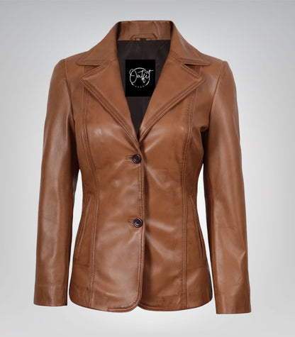 Tan real leather two-button blazer for women