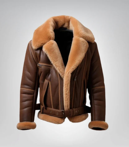 Premium men's brown leather B3 bomber jacket with shearling lining