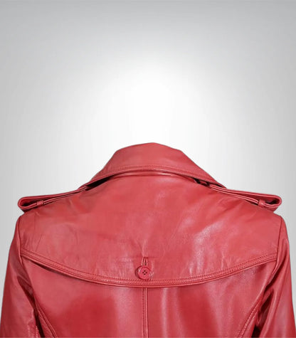 Stylish Red Leather Trench Coat for Women – Belted Elegant Outerwear