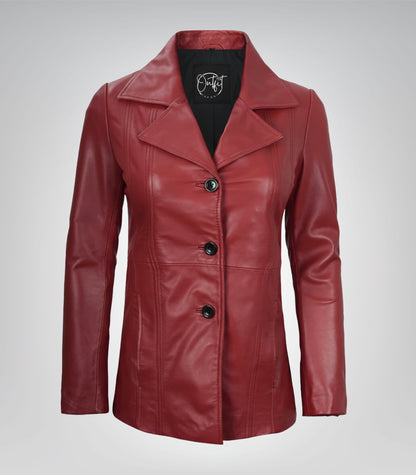 Red genuine lambskin leather blazer for women