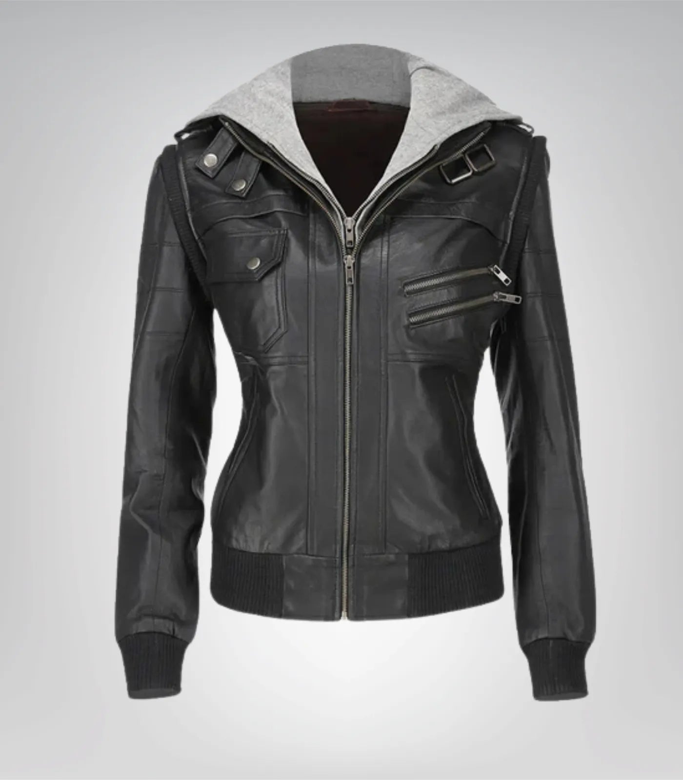 Elegant Women’s Black Lambskin Leather Jacket with Hood – Daily Wear