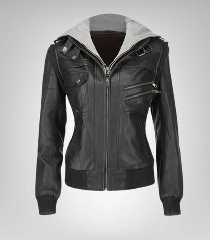 Elegant Women’s Black Lambskin Leather Jacket with Hood – Daily Wear