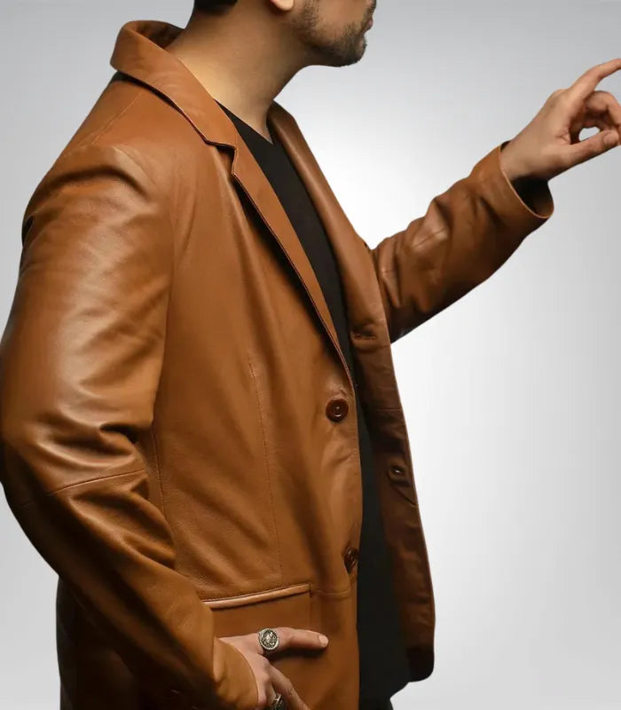 Genuine brown leather blazer for men – lambskin two-button jacket