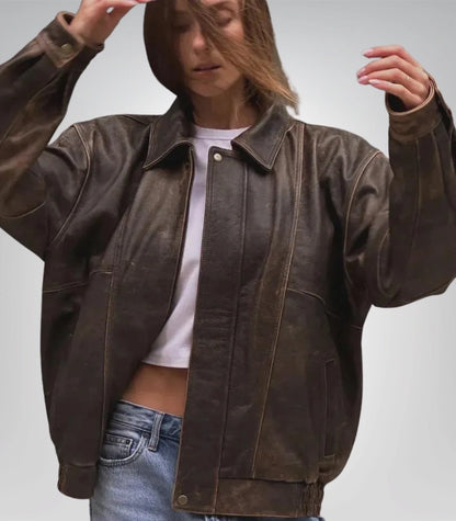Premium women’s leather bomber jacket – oversized lambskin brown design