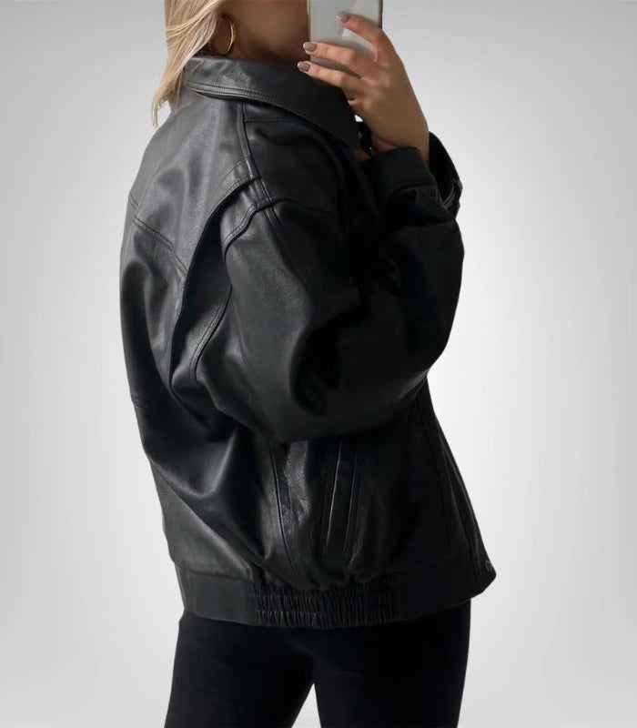 90s Vintage Black Lambskin Leather Bomber Jacket