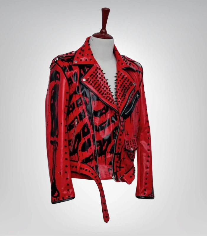 Red and black spiked biker jacket – punk motorcycle leather coat
